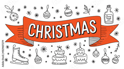 Christmas banner with ornaments cakes snowflakes and ice skate in black and white with orange ribbon