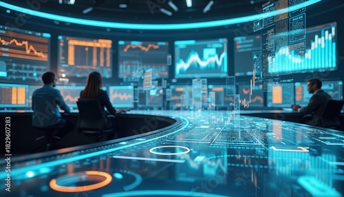 Analysts monitor complex data on multiple screens within modern tech control room. Business professionals use advanced systems for financial analysis, budget tracking, real-time operations