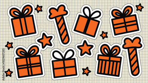 Orange gift boxes and stars scattered on a grid background in a festive arrangement for a celebration