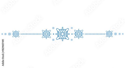 Decorative horizontal divider with blue snowflakes arranged around a central motif and dotted lines on a clean white background, perfect for winter invitations, greeting cards, web banners and holiday