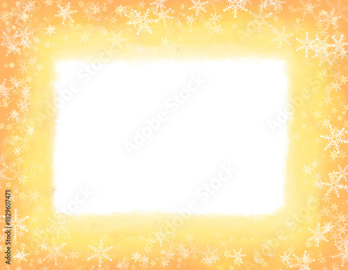 雪の結晶とオレンジの水彩枠、季節の背景素材