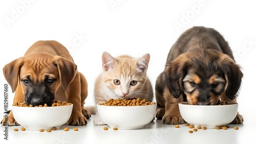 Three Pets Enjoying a Meal Together in Harmony.