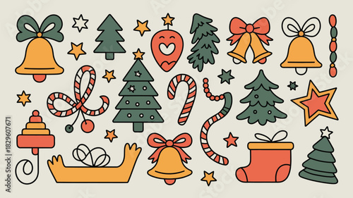 A festive collection of christmas themed illustrations including trees bells and candy canes spread out evenly