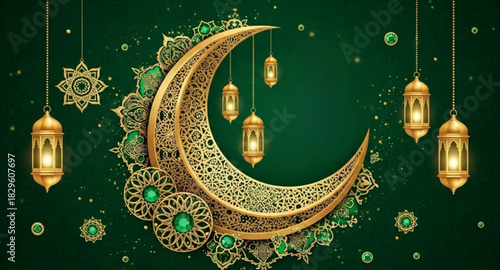 Lantern and crescent moon with green background