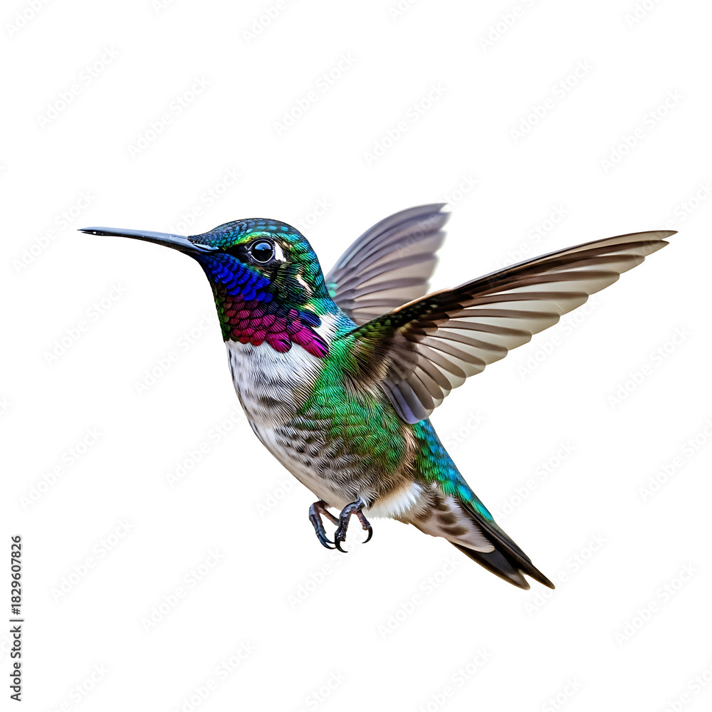 Naklejka premium Colorful hummingbird with wings spread in flight against white background.