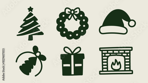A christmas themed icon set featuring a tree, wreath, santa hat, gift, and fireplace illustration
