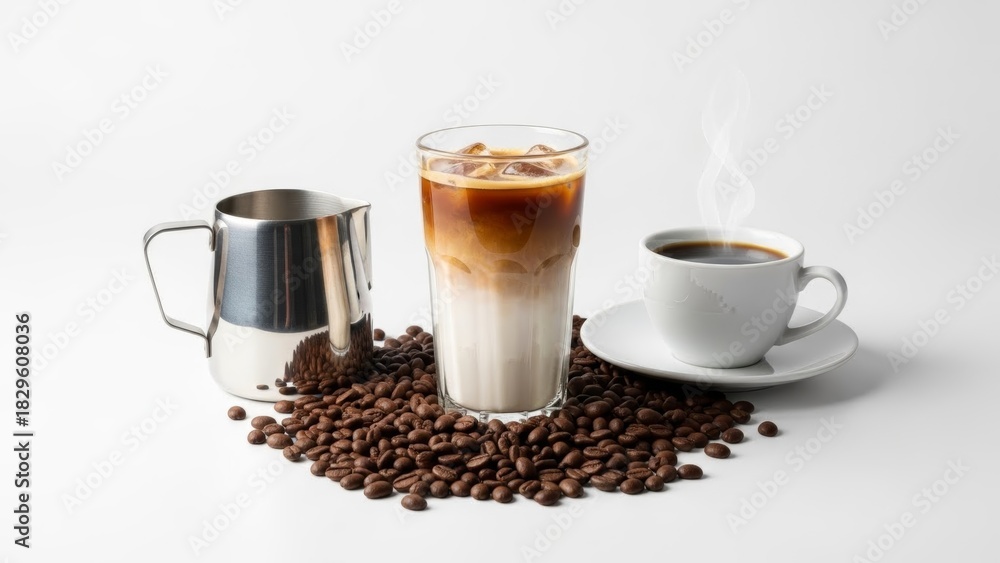 Obraz premium artistic coffee scene with steaming cup glass of iced coffee and coffee beans