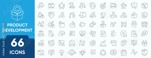 Product Development Line Icon Set. Editable icons for conception, creation, description, feedback, marketing, research, testing, and innovation. Perfect for startups and business workflows.