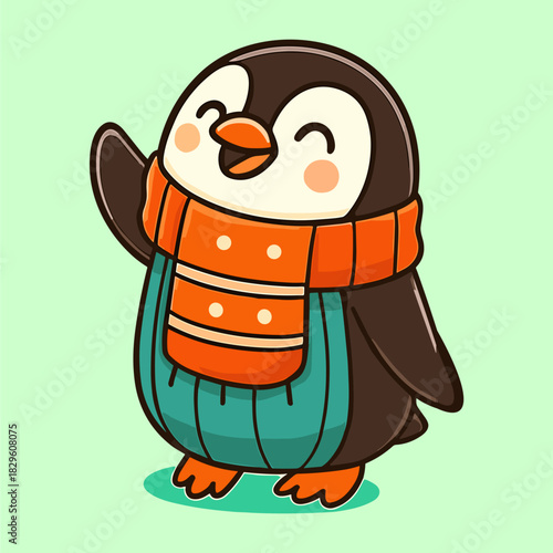 Cartoon penguin wearing scarf smiling and waving cheerfully