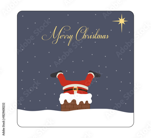 Cartoon Santa Claus climbing down the chimney on Christmas Eve. A humorous illustration of Santa Claus trying to descend into a brick chimney. Christmas greeting card. Vector illustration
