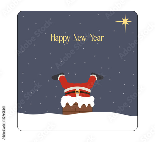 Cartoon Santa Claus climbing down the chimney on Christmas Eve. A humorous illustration of Santa Claus trying to descend into a brick chimney. Christmas greeting card. Vector illustration