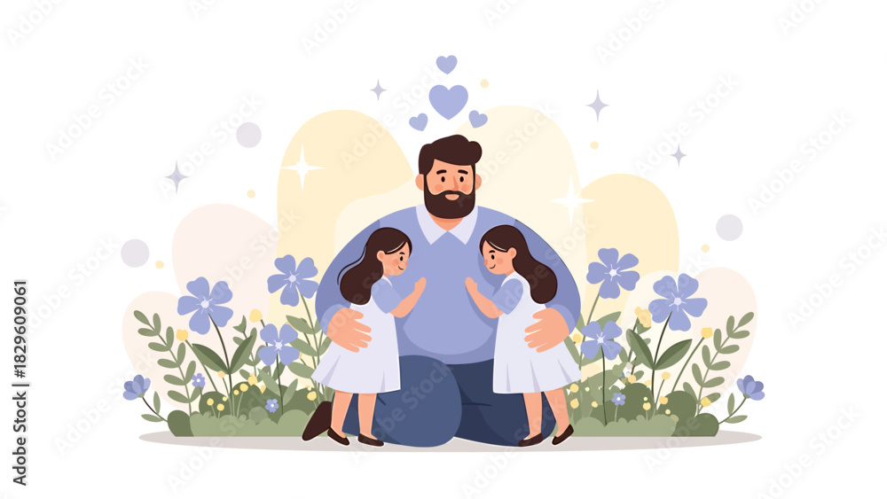 Obraz premium Fathers Day Illustration - Dad with Twin Daughters in Floral Setting.