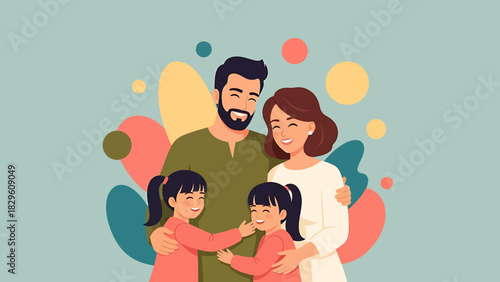 Happy Family Portrait - Parents Embracing Twin Daughters with Love.