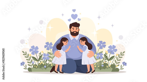 Fathers Day Illustration - Dad with Twin Daughters in Floral Setting.