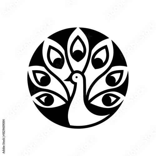 Stylized black and white peacock in circle on transparent background silhouette