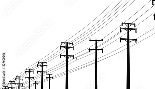 Silhouetted Utility Poles and Curved Power Lines Receding into Distance, Minimalist Infrastructure Vector, Electrical Transmission Perspective, Repetitive Geometry and Industrial Design