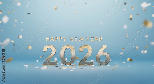 Elegant happy new year 2026 celebration with confetti and shimmering numbers