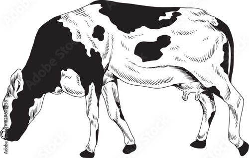 Cow black and white vector illustration. Hand drawing of engraving art of a cow