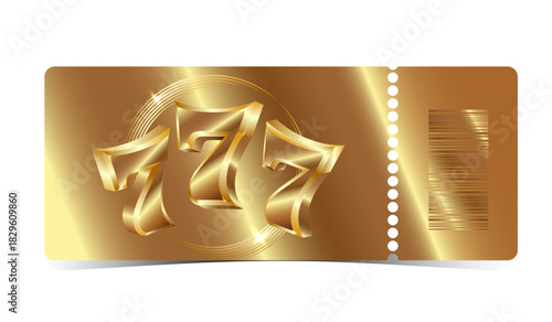 Luxury Golden Ticket template. Premium golden voucher with three sevens.