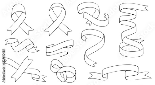 Assorted hand-drawn ribbons, banners, and scroll motifs for decorative design layouts.
