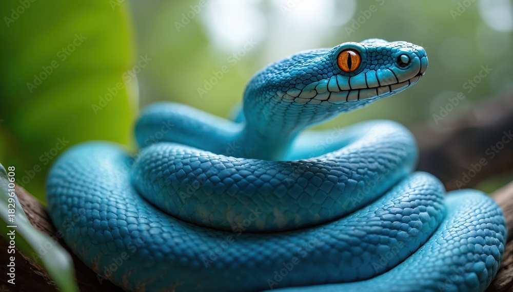 Fototapeta premium Closeup on blue viper snake with orange eyes curled on tree branch. Snake has vibrant scales. Snake poses a danger. Reptile lives in wild nature on a leaf with bokeh background.