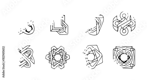 Collection of abstract line art icons featuring geometric shapes and scientific motifs in a minimal monochrome style.