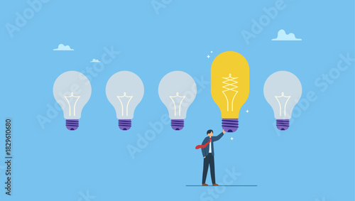 Businessman discover bright lightbulb from difference others. Difference idea innovation, discover opportunity to success, creativity or passion to improve career, wisdom or smart discovery.