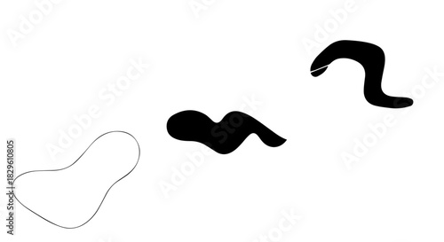 Abstract collection of three black blobs forming minimalist shapes on a white canvas.