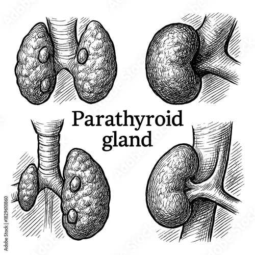 Human parathyroid gland anatomy set in vintage engraving style, Transparent Background