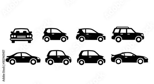 Set of Various Car Silhouettes on a White Background, Diverse Vehicle Icons