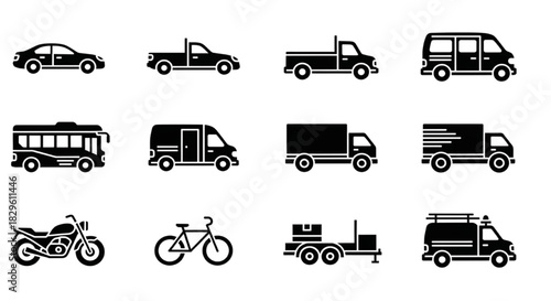 Diverse Collection of Transportation Modes and Delivery Vehicles Icon Set for Mobility Concepts and Logistics Design