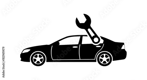 Modern black vector icon of a car with a wrench, symbolizing automotive repair, maintenance, and vehicle service solutions