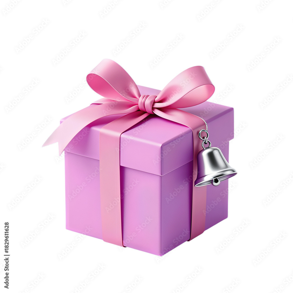 Obraz premium Elegant pink gift box with ribbon and silver bell