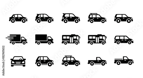 A diverse collection of transportation vehicle glyph icons for automotive and delivery concepts