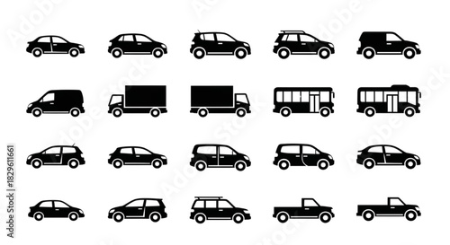 Collection of various automotive vehicles and transportation icons