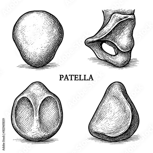 Patella bone anatomy in vintage medical engraving style, Transparent Background