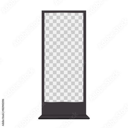 Monitor kiosk. Front view. Realistic 3d vector mockup. Blank black frame digital media display. LED LCD screen TV video panel. Interactive touch screen self-service stand. Mock-up. Template for design