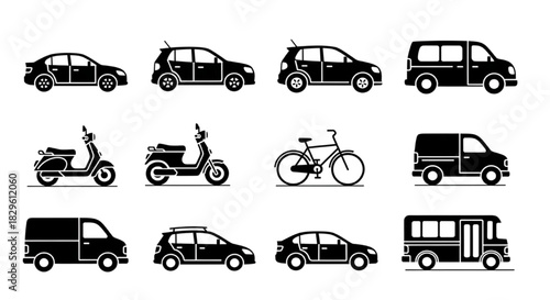 A diverse collection of black silhouette icons representing various modes of land transportation