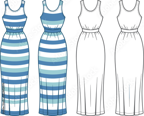 Sleeveless long dress flat sketch, striped and plain version, scoop neck, fitted waist, vector fashion CAD drawing illustration