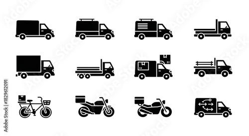 Collection of black silhouette icons depicting various commercial delivery and transportation vehicles for logistics and shipping services