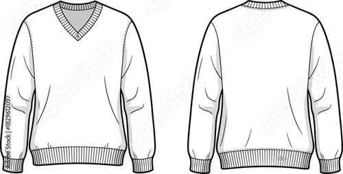Long sleeve sweater flat sketch, front back view, V-neck and crew neck, vector fashion CAD drawing illustration