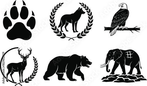 Vector illustration set of wild animals eagle bear wolf deer elephant eps silhouette