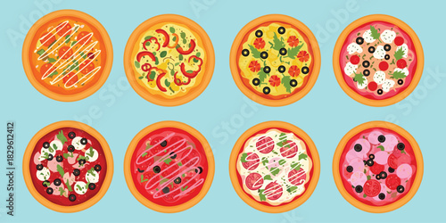Pizza varieties, colorful toppings, tomato slices, olives, cheese crust, herbs and sauce, food icons, tasty meal, flat vector illustration