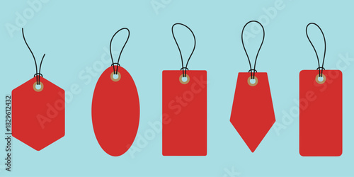Red price tags, hanging labels, blank sale tags, vector tag shapes, retail design, discount stickers, isolated tag collection, flat vector illustration