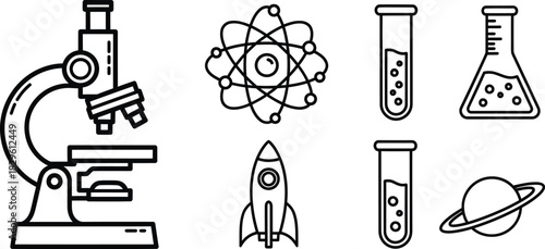 Science and technology vector icons microscope atom rocket test tube planet eps silhouette