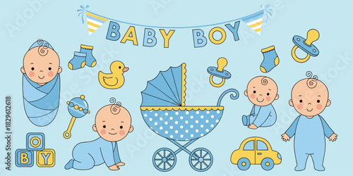 Baby boy illustration, newborn graphics, cute baby items, nursery decor, baby shower design, playful icons, flat vector illustration