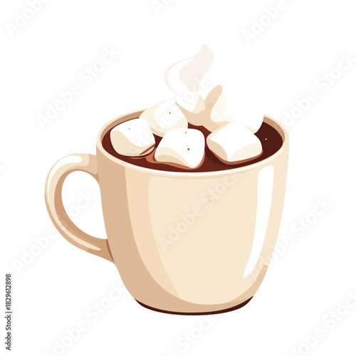 A warm mug of hot chocolate topped with fluffy white marshmallows and whipped cream, perfect for a cozy treat.