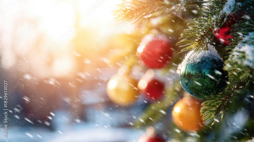 Obraz premium Colorful ornaments hang on a snow-covered tree during a winter morning