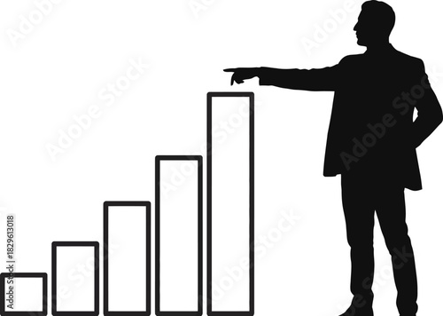 Business Leader Silhouette Pointing at Rising Bar Chart Concept of Guidance Growth and Strategy.