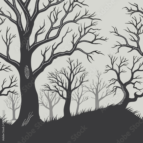 A stylized graphic illustration of a dark silhouetted forest with bare gnarled trees and textured bark against a light gray background evoking a moody atmospheric and slightly spooky woodland scene